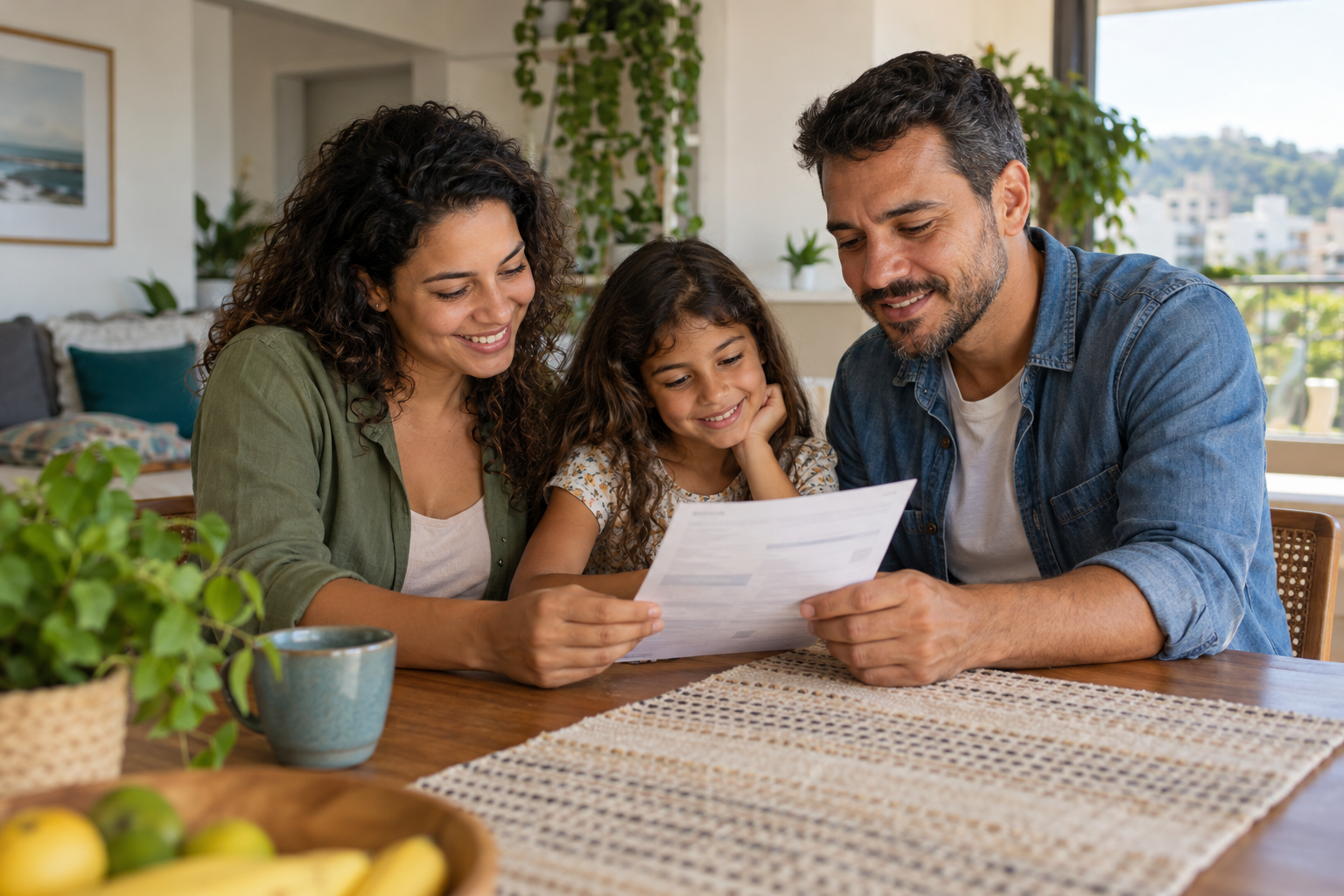Família em casa analisando a conta de energia